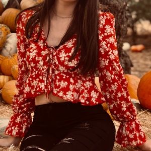red floral long sleeve blouse top